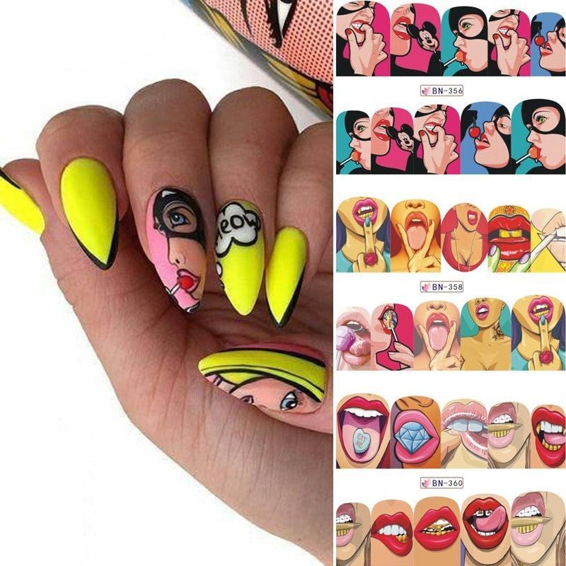 Pop Art Nail Stickers Sexy Girl Designs Comics Water Transfer Decals Manicure Lips Nail Art Decorations Slider Nail Art Stickers Decals Nail Art Supplies Valentines Day 3D Self-Adhesive Nail Decorations Accessories Women Girls Manicure Decorations