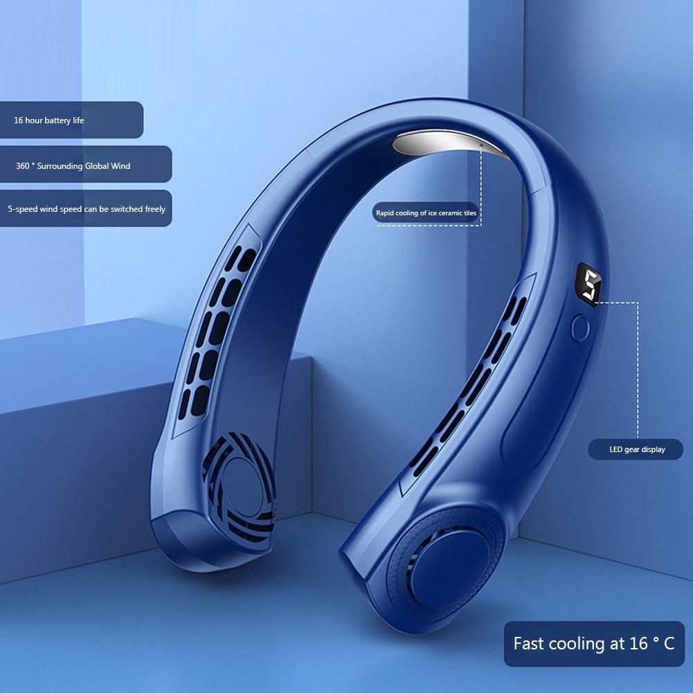 Portable Neck Fan USB Handheld Mute LED Digital Display Leafless Mini Electric Fan Colorful Atmosphere Lights 5th Gear For Rechargeable Personal Wearable Fan with Colorful Flashlight LED Digital Display And Low Noise