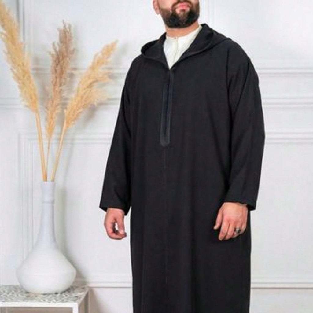 Premium Black Hooded Long Modest Muslim Robe Thobe for Men (MT029)