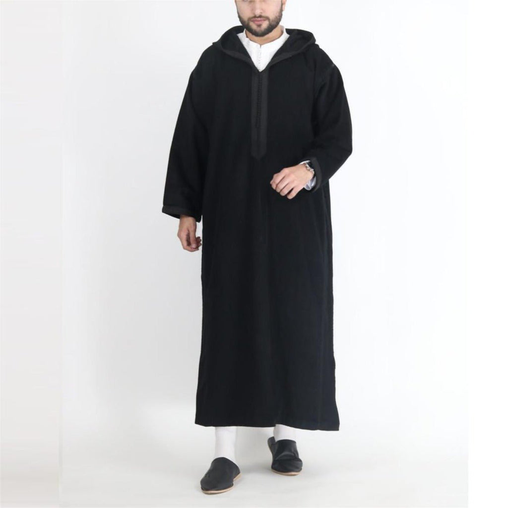 Premium Black Hooded Long Modest Muslim Robe Thobe for Men (MT029)