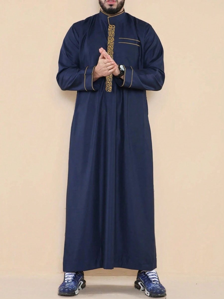 Premium Embroidered Stand Collar Thobe Navy & White Loose Fit Muslim Robe with Gold Stitching - Modest Casual Wear (MT034)