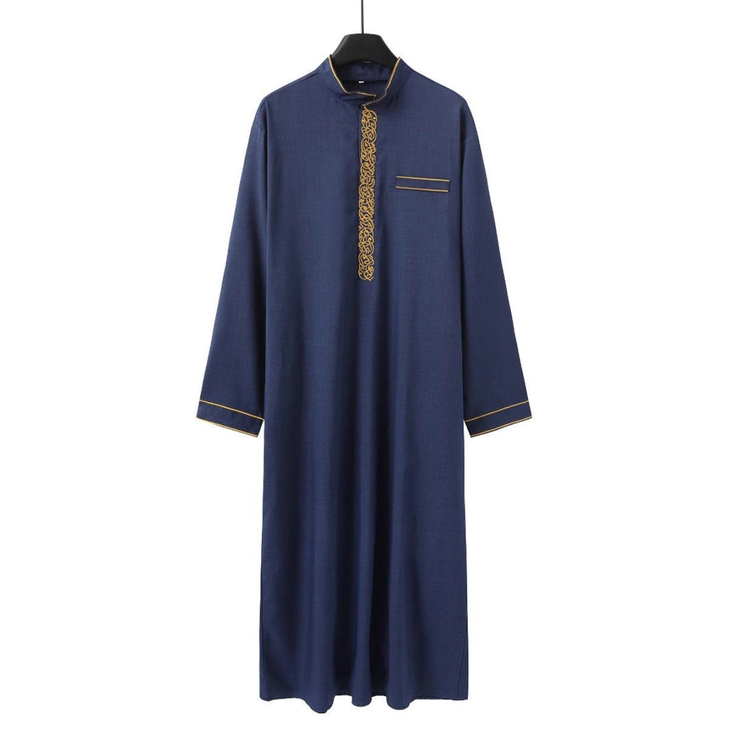 Premium Embroidered Stand Collar Thobe Navy & White Loose Fit Muslim Robe with Gold Stitching - Modest Casual Wear (MT034)