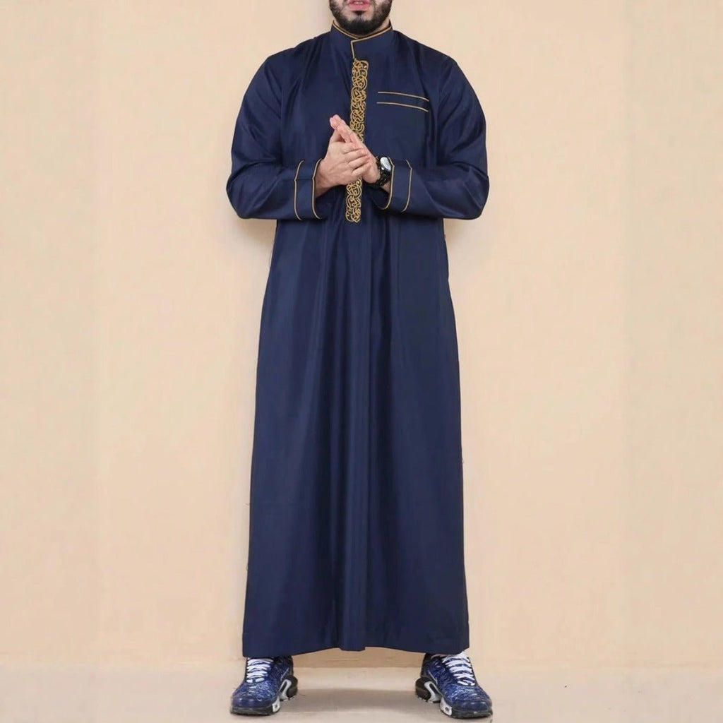 Premium Embroidered Stand Collar Thobe Navy & White Loose Fit Muslim Robe with Gold Stitching - Modest Casual Wear (MT034)