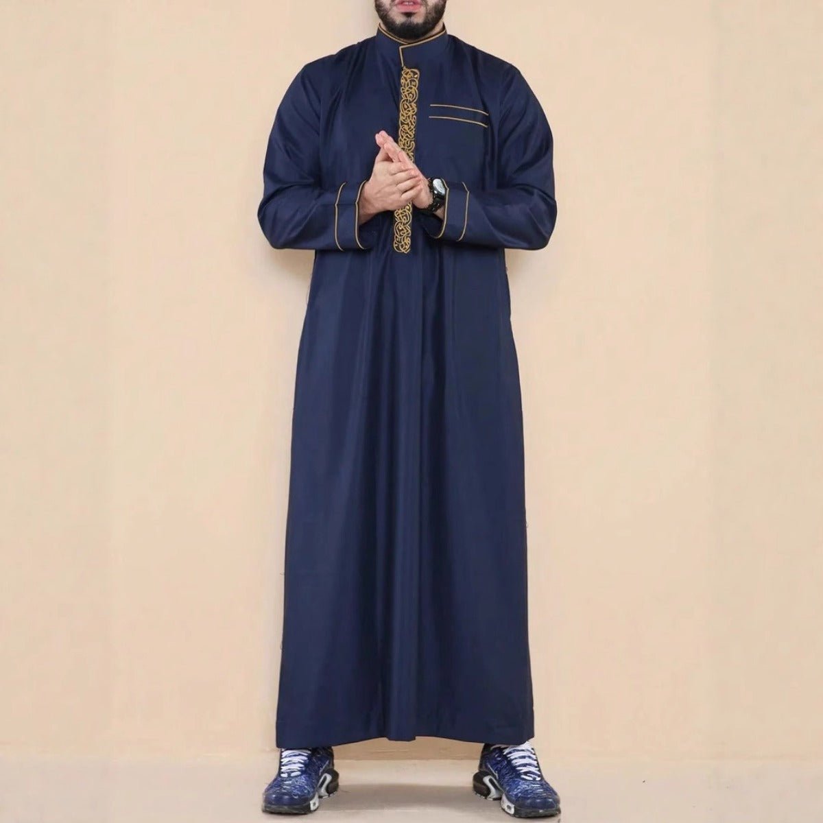 Premium Embroidered Stand Collar Thobe Navy & White Loose Fit Muslim Robe with Gold Stitching - Modest Casual Wear (MT034)