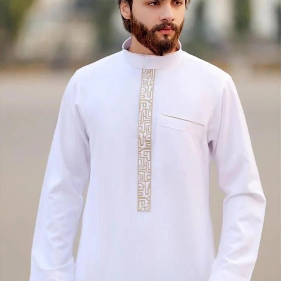 Premium Gold Islamic Geometric Print Men's Thobe Long Robe with Stand Collar & Side Pocket (MT028)