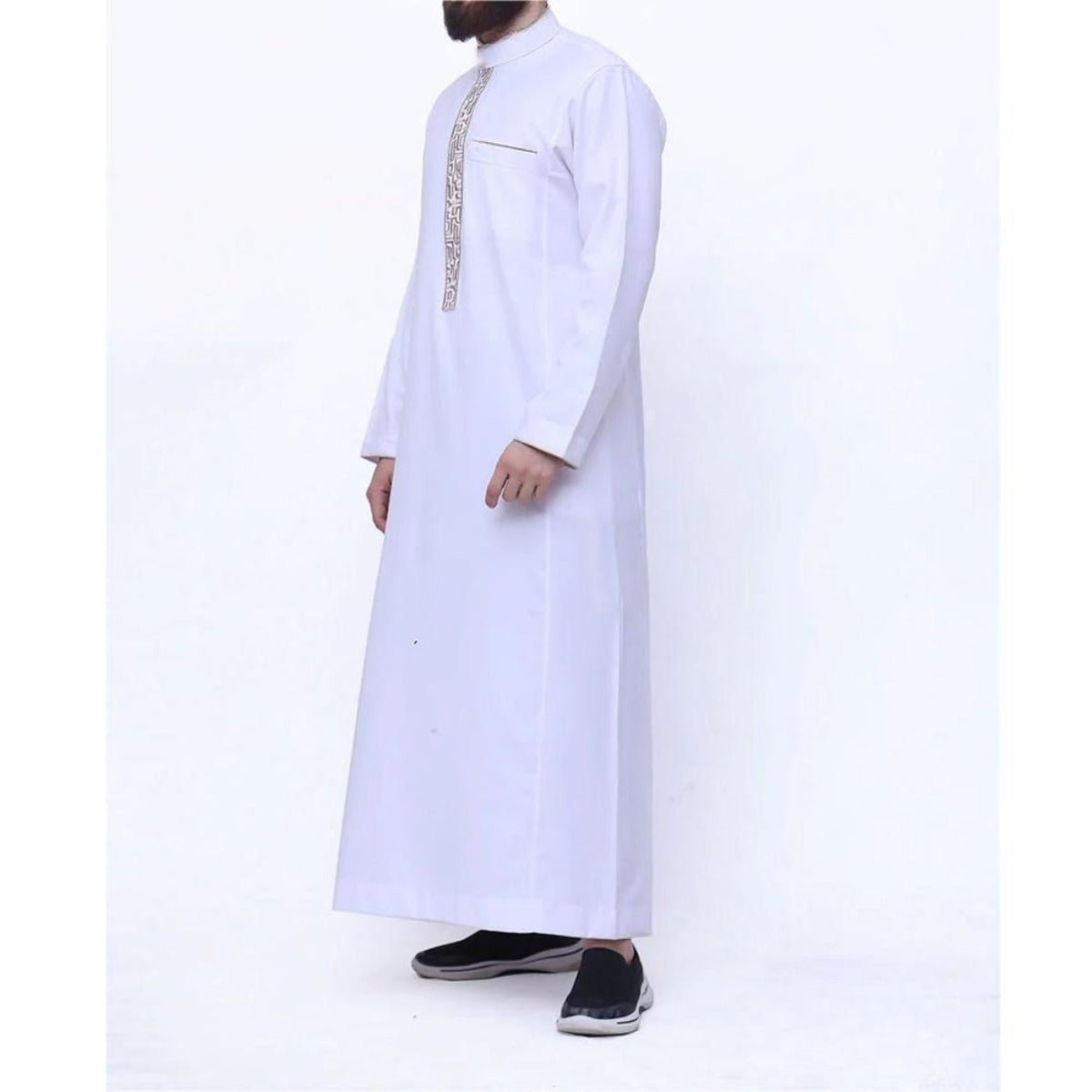 Premium Gold Islamic Geometric Print Men's Thobe Long Robe with Stand Collar & Side Pocket (MT028)