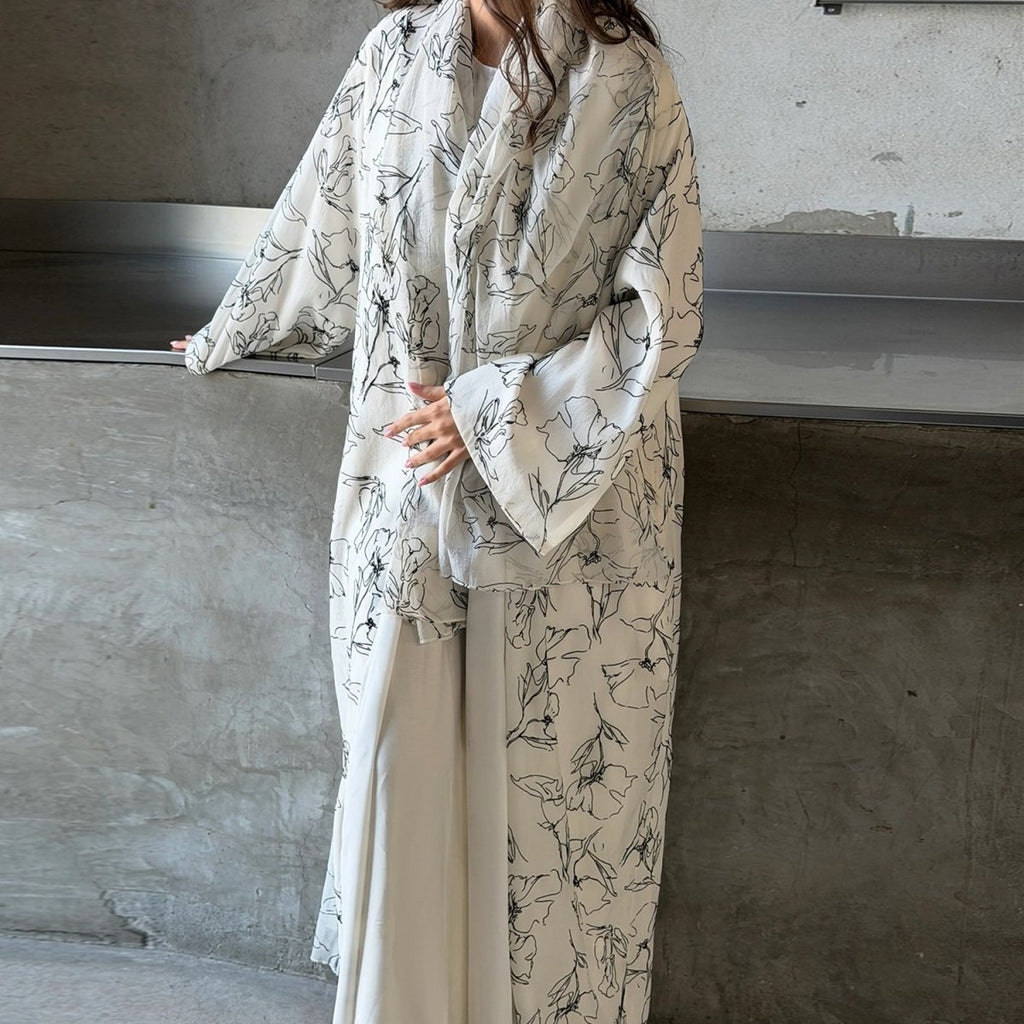 Printed Double-Layer Open Abaya & Hijab Set(MOA324)