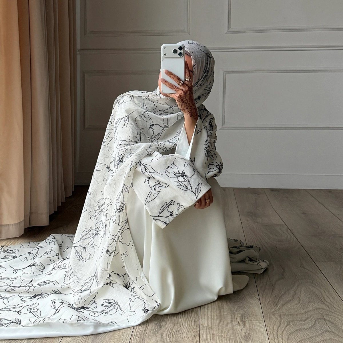 Printed Double-Layer Open Abaya & Hijab Set(MOA324)