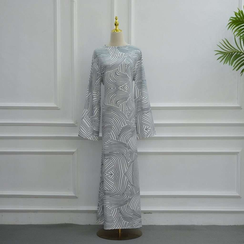 Printed Washed-Crinkle Bell Sleeve Maxi Dress(MS474)