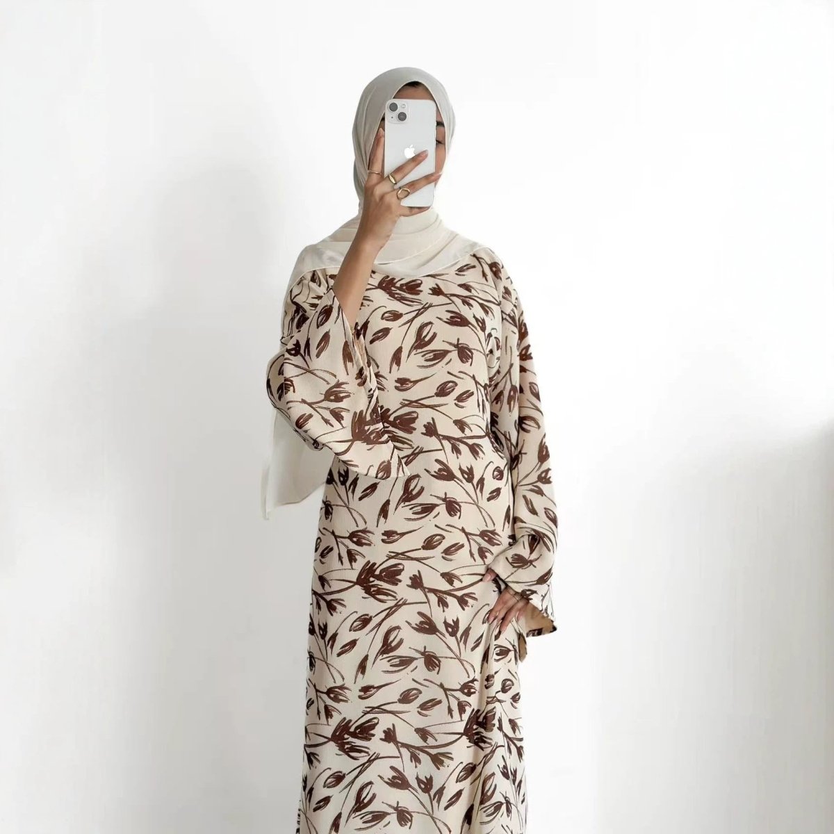 Printed Washed-Crinkle Bell Sleeve Maxi Dress(MS474)