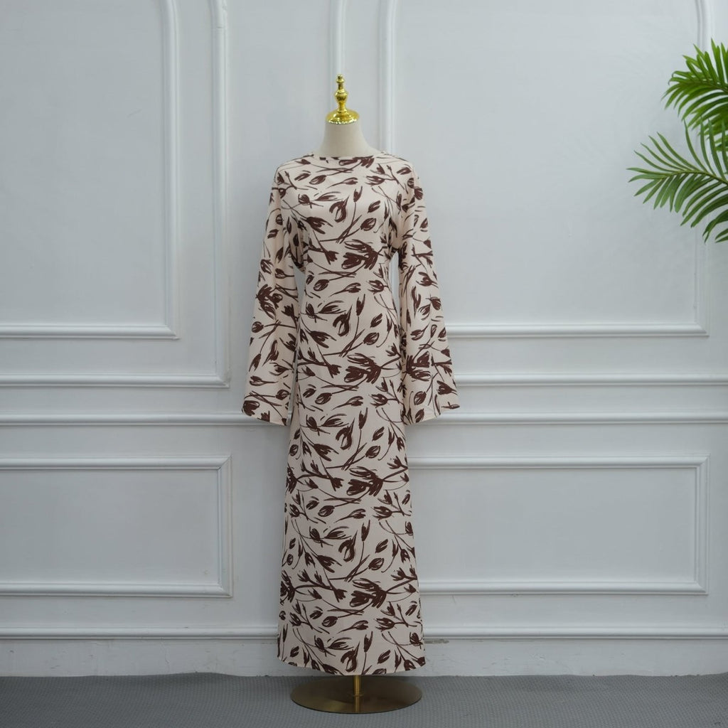 Printed Washed-Crinkle Bell Sleeve Maxi Dress(MS474)