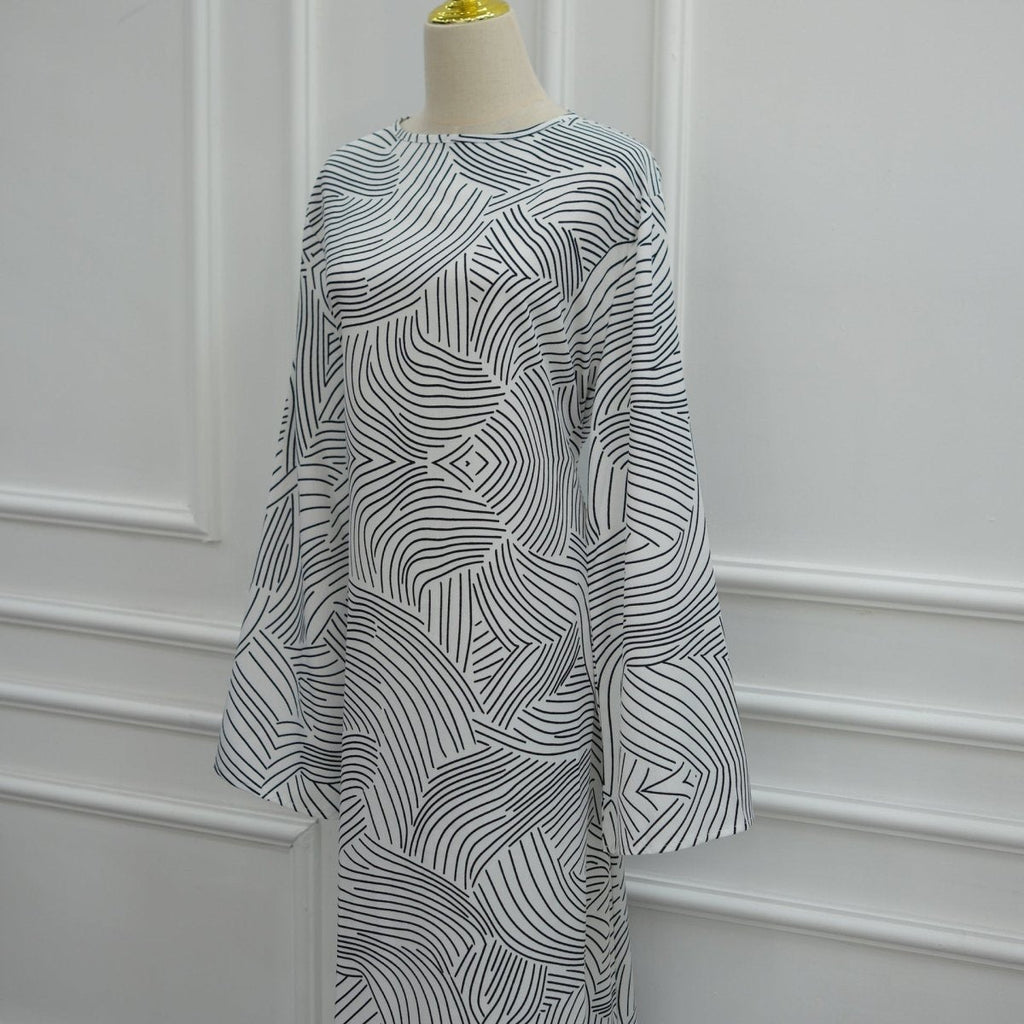 Printed Washed-Crinkle Bell Sleeve Maxi Dress(MS474)