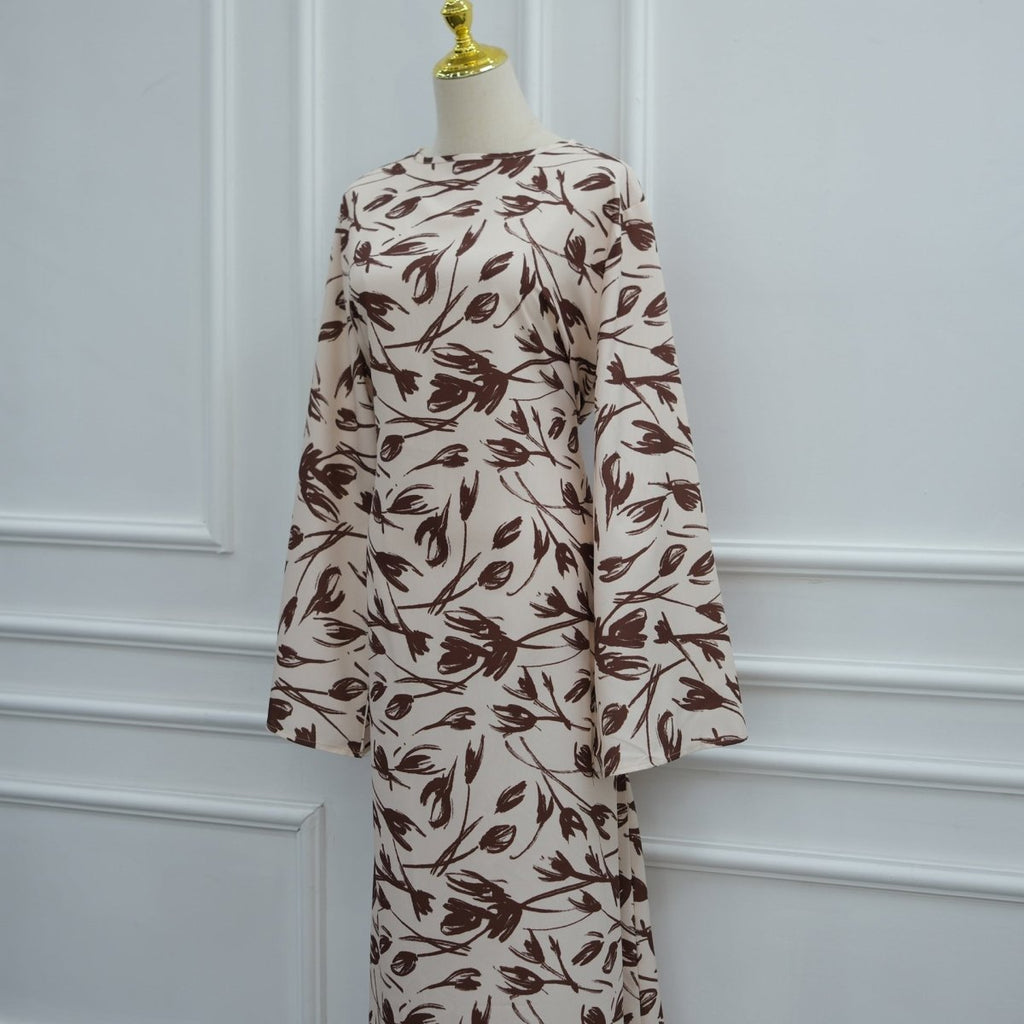 Printed Washed-Crinkle Bell Sleeve Maxi Dress(MS474)