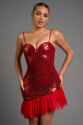GLAM SEQUINS SHEER TULLE ASYMMETRIC HEM MINI DRESS