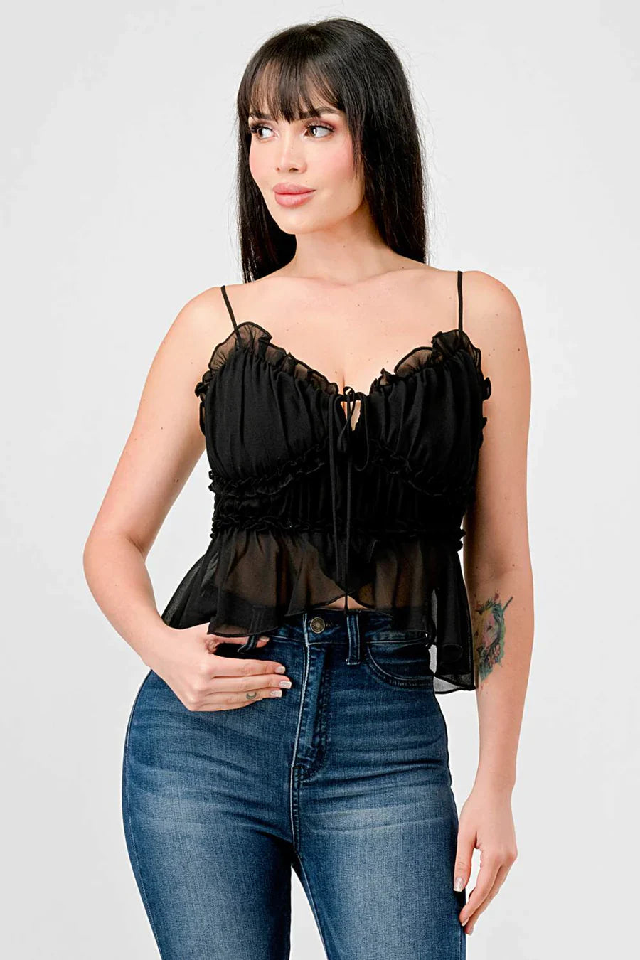 CHEALSEA CHIFFON SWEETHEART SMOCKED BACK RUCHED RUFFLED SHEER CAMI TOP