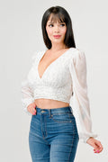 Luxe Lace Sequin Crop Top with Sheer Long Sleeves – Black or White