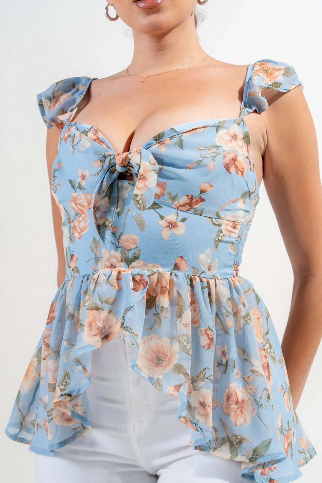 FLORAL KNOT TIE SWEETHEART FLUTTER RUFFLED TOP