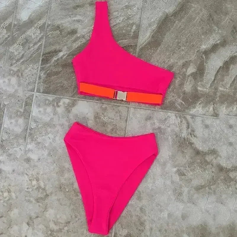 HOt Pink One Shoulder High Waist Bikini Swimsuit Swimwear Women