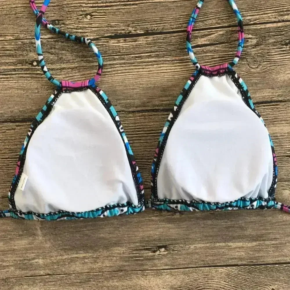 Two Piece Bikini Push Up Geometric Print Lace-up Thong Biikini Swim