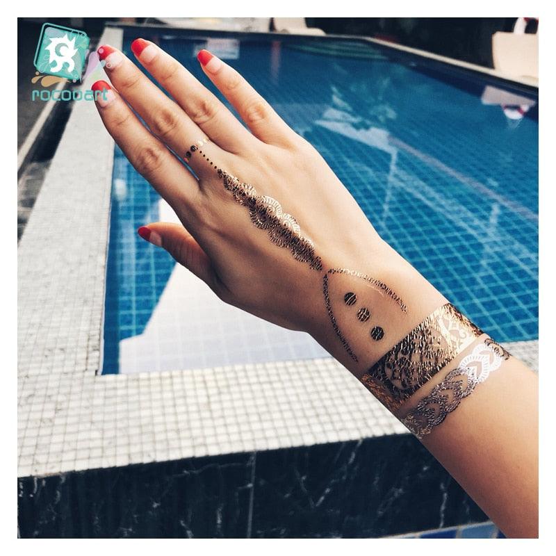 Luxury Metallic Temporary Tattoo Gold Silver Flower Sticker Long Lasting Gold Design For Womens
