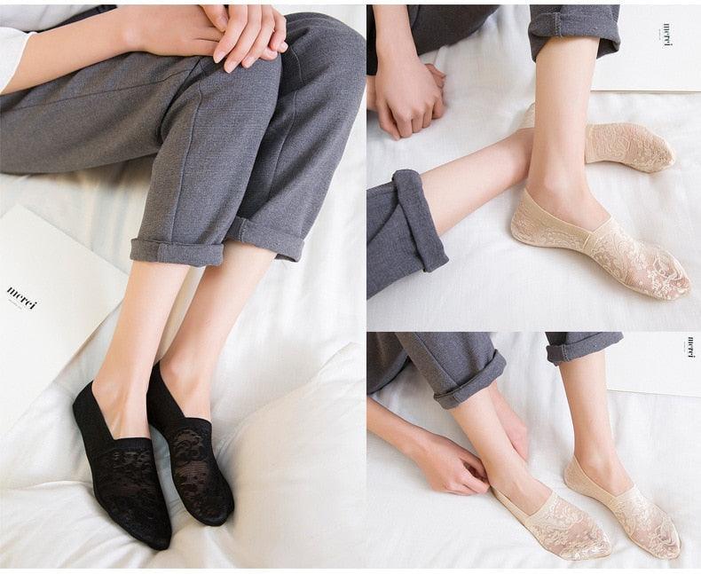 5 Pairs Fashion Women Girls Summer Socks 7 Color Style Lace Flower Short Sock Antiskid Invisible Ankle Socks For Women
