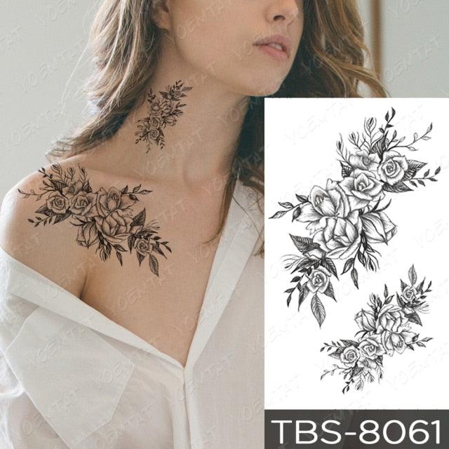Black Sketchs Flowers Waterproof Temporary Tattoo Sticker Chest Flash Tattoo Wolf Diamond Flower Body Art Arm Fake Tattoo For Womens Men