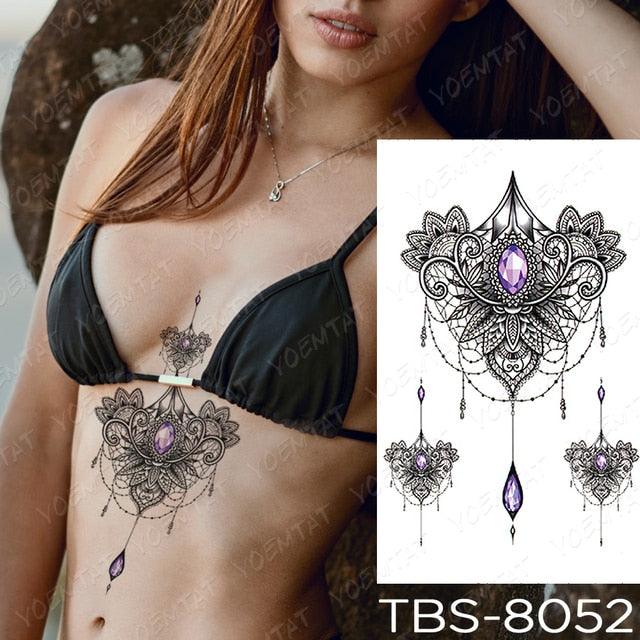 Black Sketchs Flowers Waterproof Temporary Tattoo Sticker Chest Flash Tattoo Wolf Diamond Flower Body Art Arm Fake Tattoo For Womens Men
