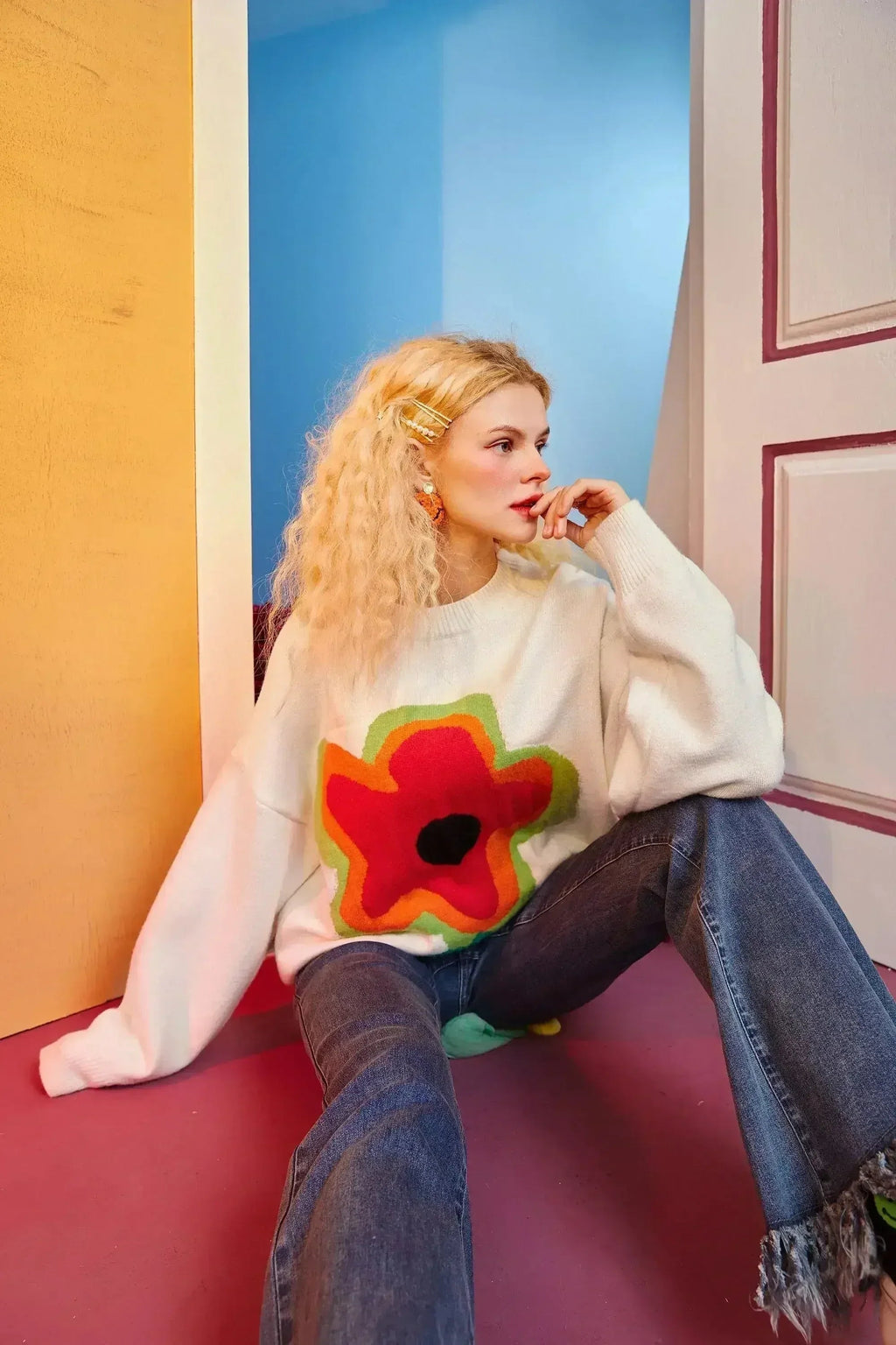 Floral Jacquard Casual Knit Pullover Women Sweaters,Winter ELF Vintage