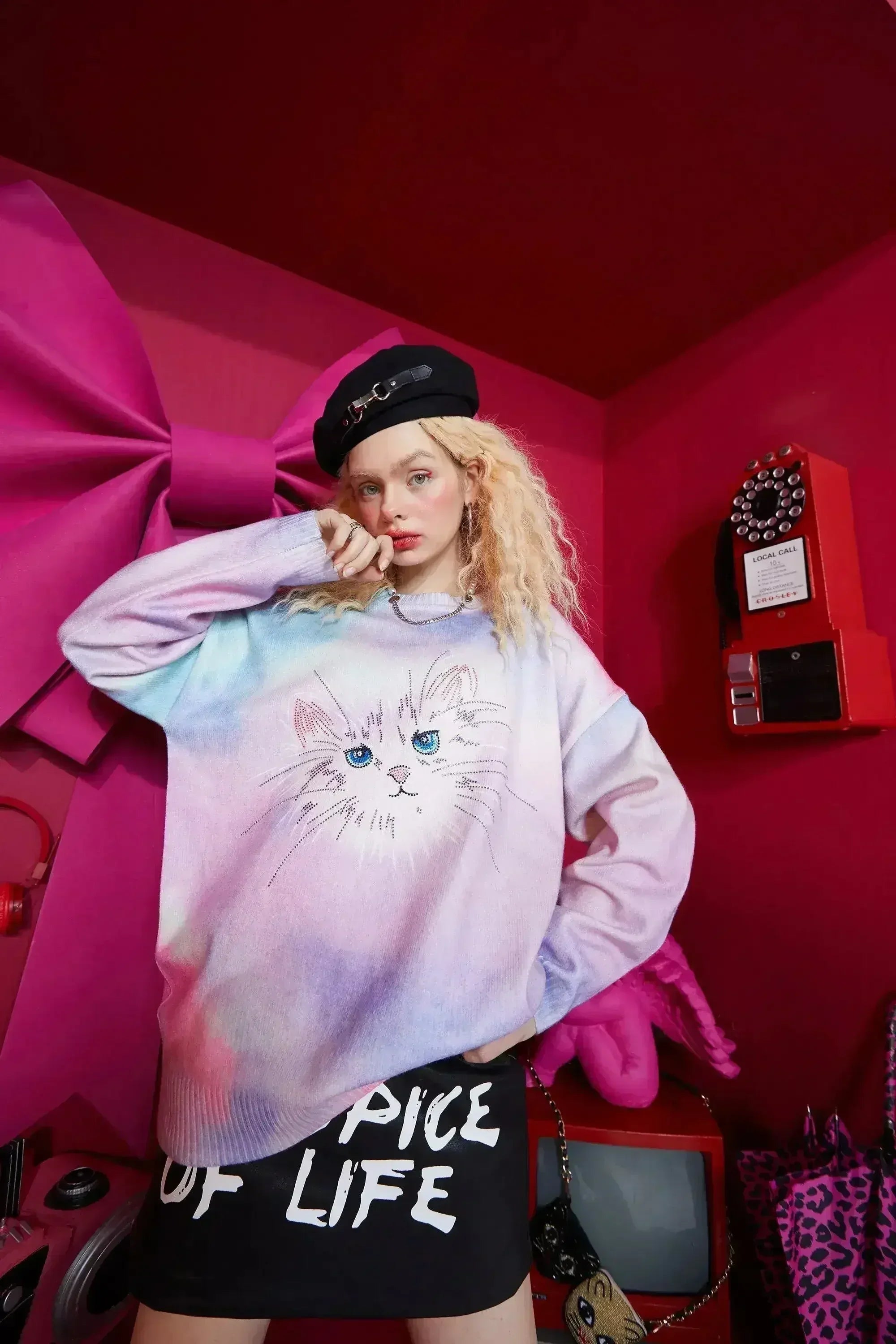 Cat Gradient Tie Dye Women Casual Knit Pullover Sweaters,Spring