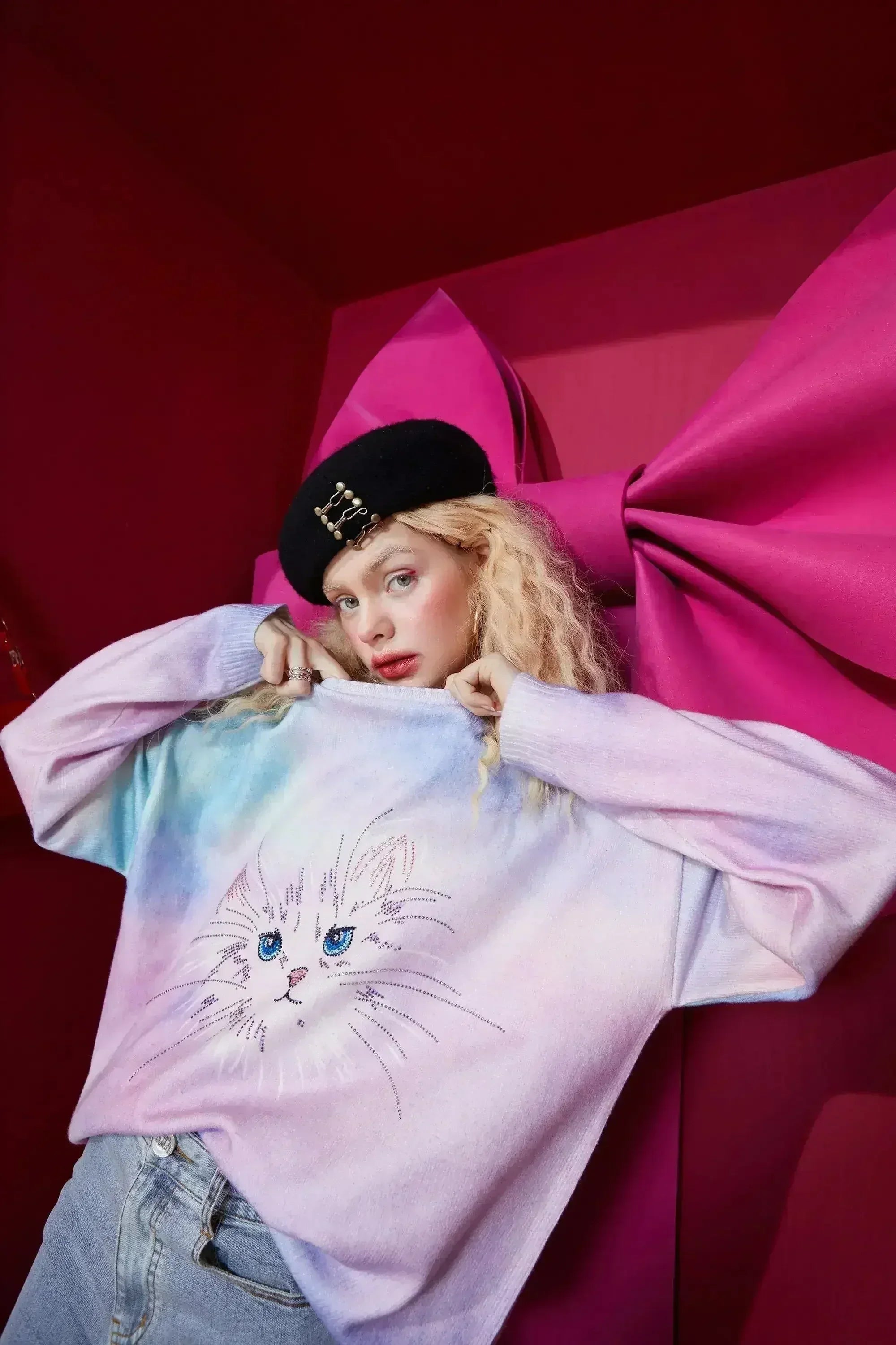 Cat Gradient Tie Dye Women Casual Knit Pullover Sweaters,Spring