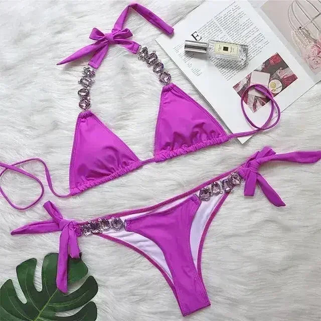 Bikini Sexy push up Crystal swimsuit female Halter swimwear women Knot