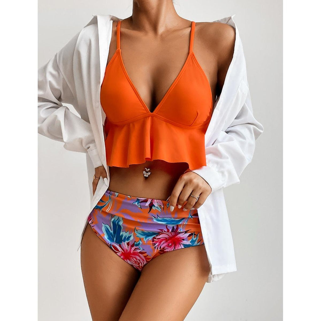 Elegant Black High Waist Two Pieces Bikini Set Women Two Pieces Bathing Suits Ruffled High Waist Bikini Set Swimsuit Female Women Beachwear Swimwear Bather Bathing Suit For Vacation
