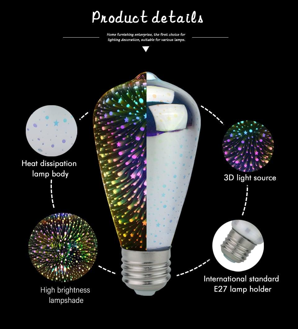 4pcs/lot 3D Led Bulb Star Firework Vintage Edison Night Light Holiday Decoration Lighting Stained Glass Light Bulb Star Shine Decoration Use For Holiday Christmas Decoration