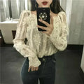 Mesh Pearls Shirts Strapless Lace Long Sleeve Gauze Stitching Blouse