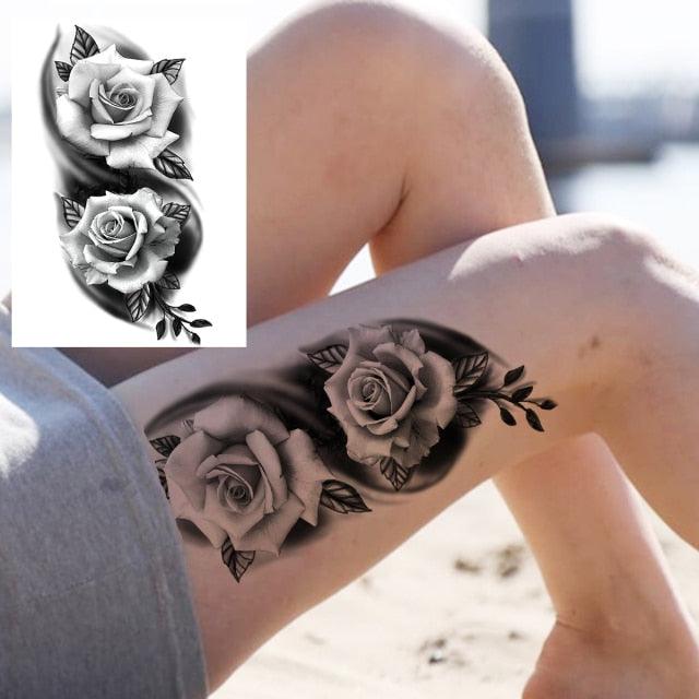 Realistic Big Flower Temporary Waterproof Sticker Tattoos For Body Painting Arm Legs Fake Black Rose Tattoos For Womens