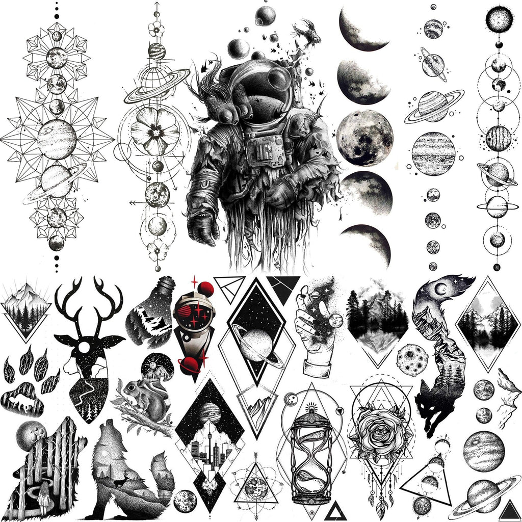 Realistic Black Temporary Small Big Tattoos Space Planets Animals Tatoos Waterproof  Face Hands Tattoos For Girls Mens
