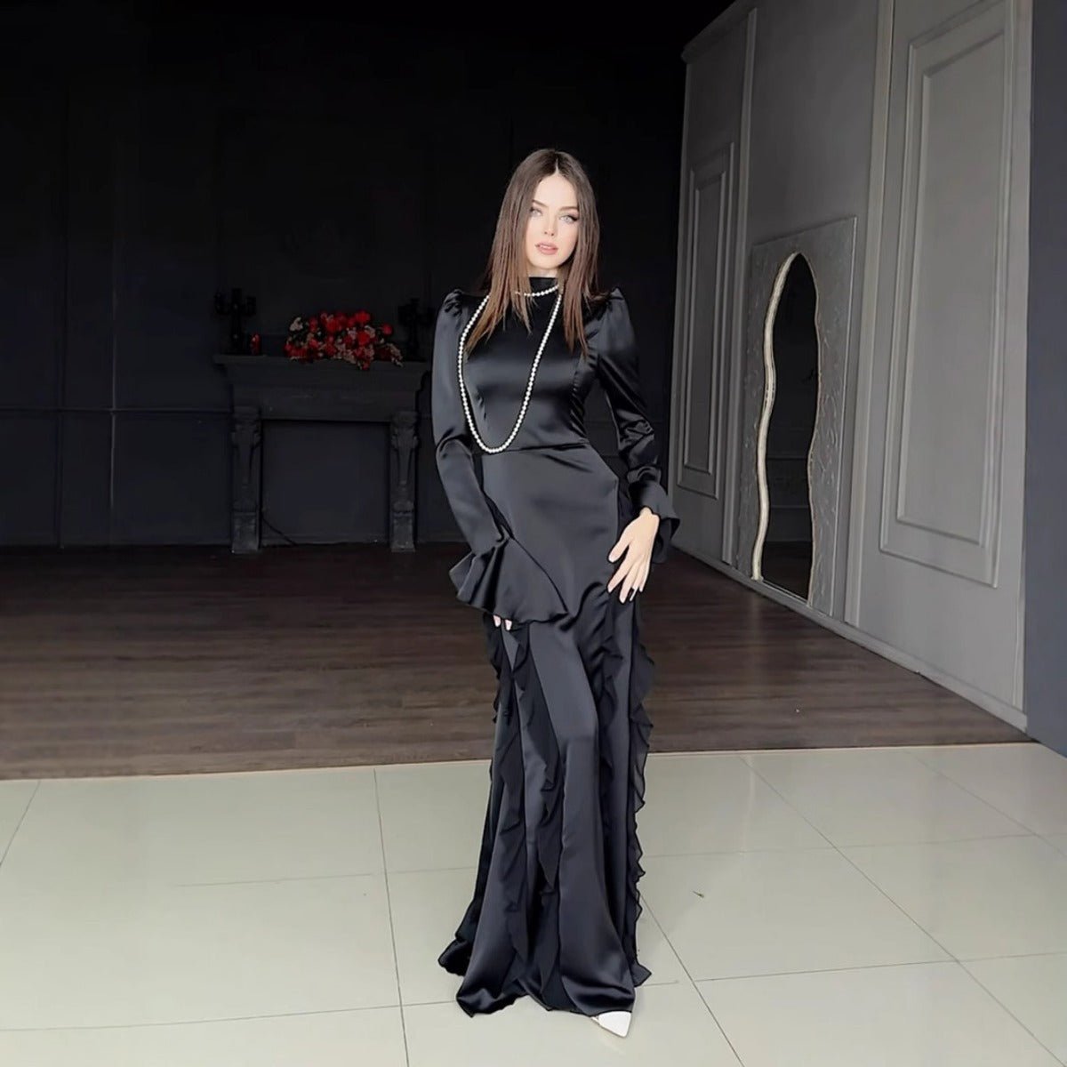 Regal Satin Court Dress Semi-Turtleneck Chiffon Lace-Up Maxi with Bell Sleeves & Tiered Ruffles (MA235)