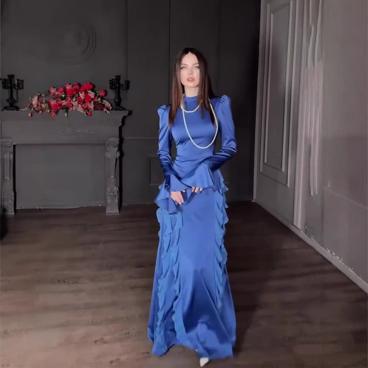 Regal Satin Court Dress Semi-Turtleneck Chiffon Lace-Up Maxi with Bell Sleeves & Tiered Ruffles (MA235)