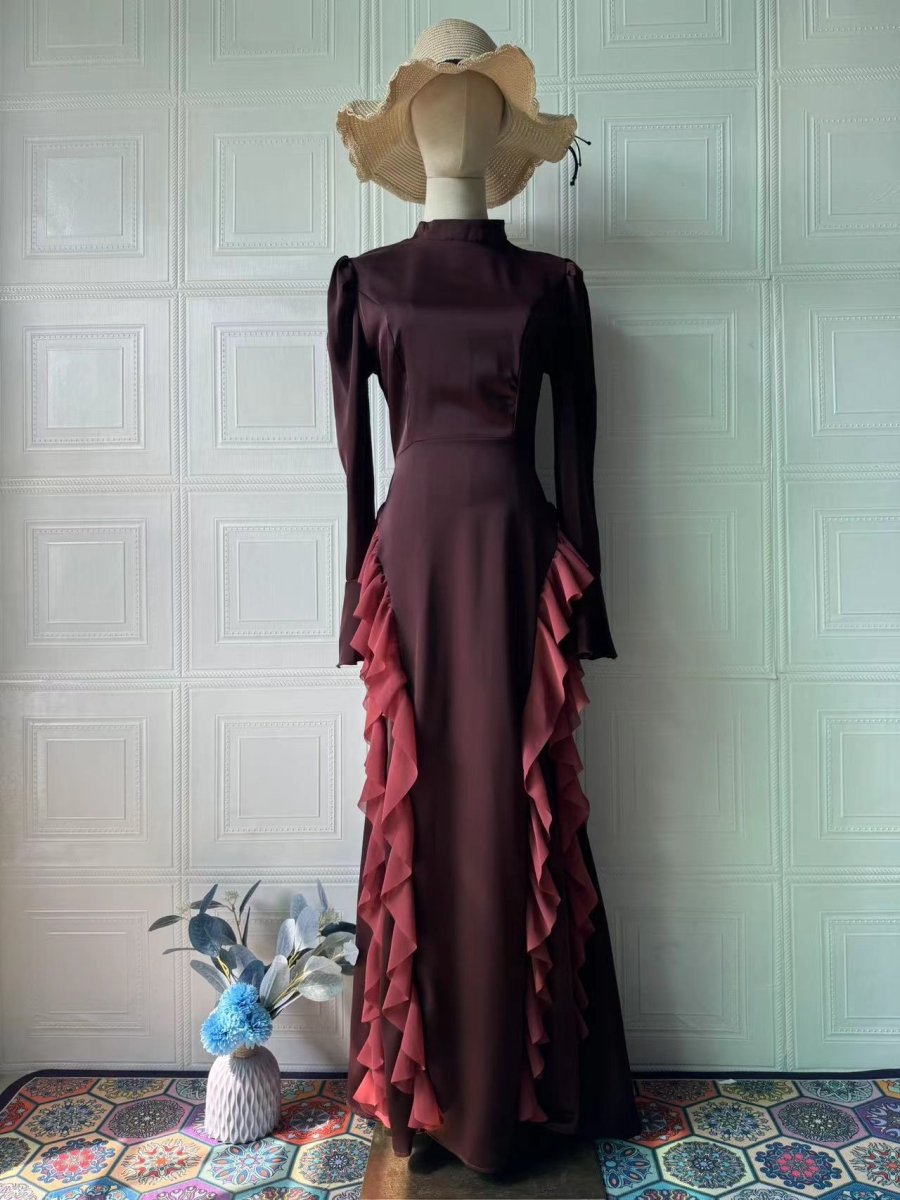 Regal Satin Court Dress Semi-Turtleneck Chiffon Lace-Up Maxi with Bell Sleeves & Tiered Ruffles (MA235)