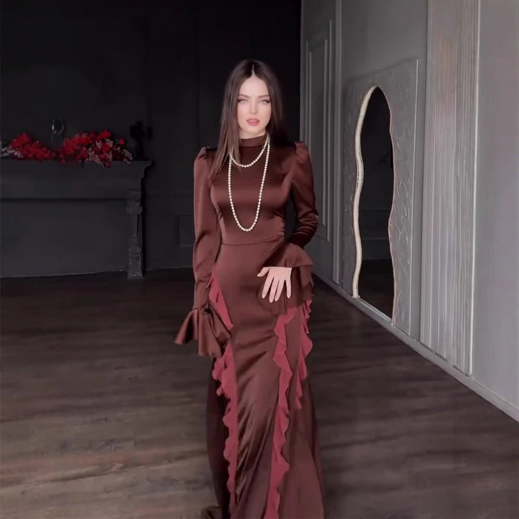 Regal Satin Court Dress Semi-Turtleneck Chiffon Lace-Up Maxi with Bell Sleeves & Tiered Ruffles (MA235)