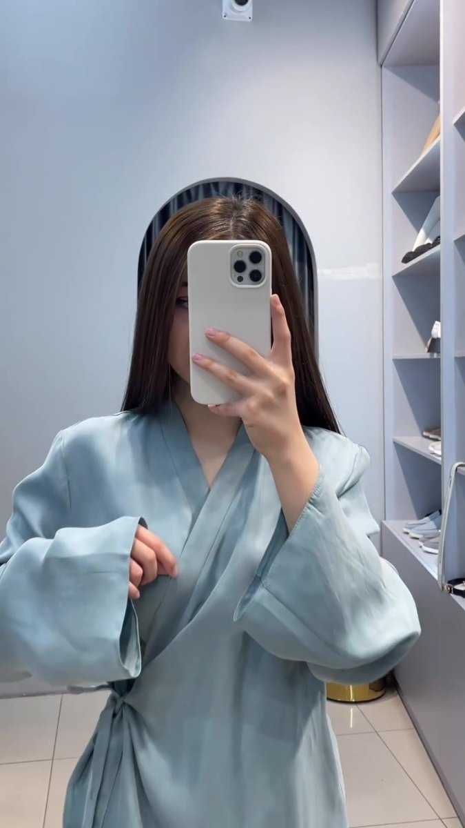 Relaxed Kimono Sleeve Sky Blue Glazed Forged Waist Pajama-Style Abaya Dress Set(MA209)
