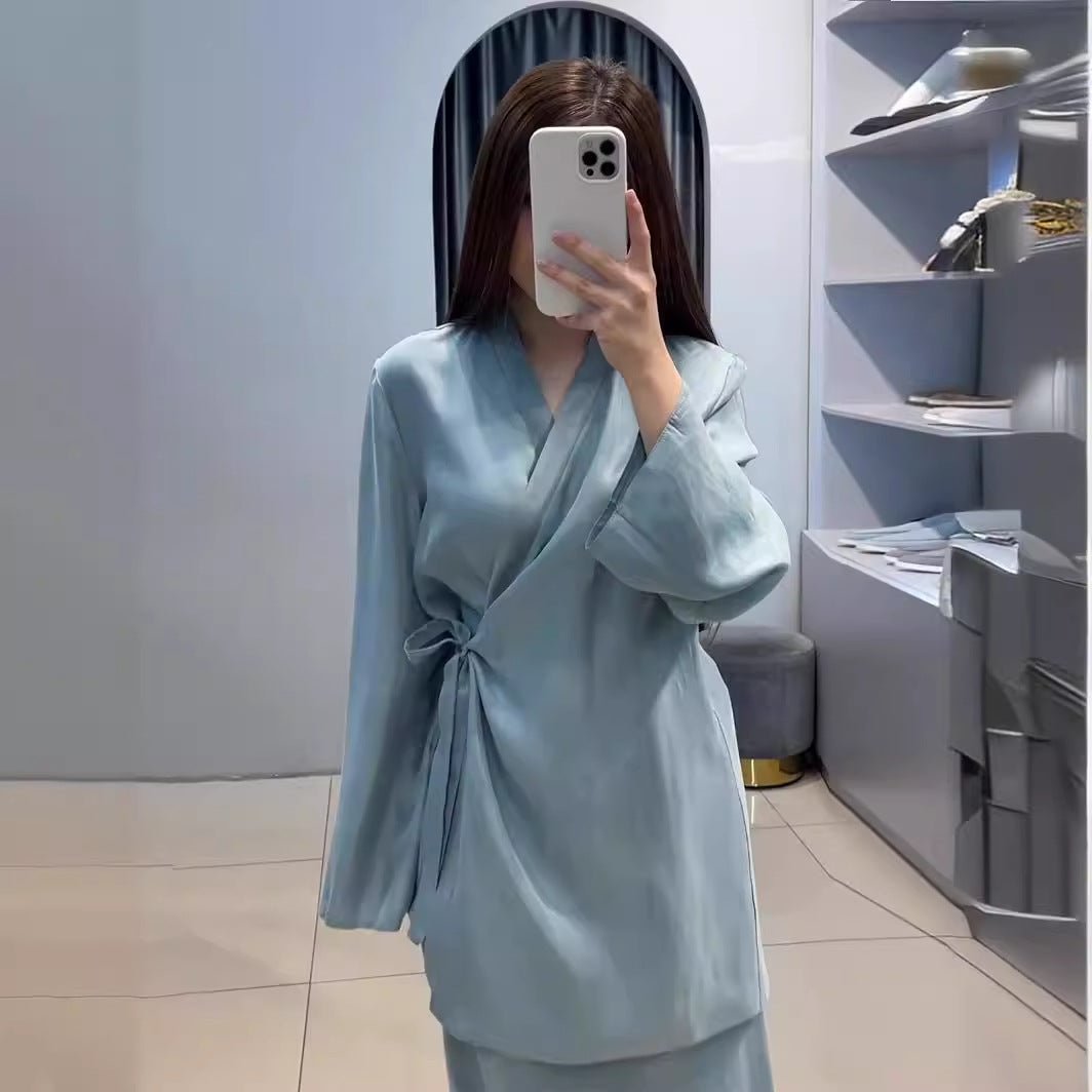Relaxed Kimono Sleeve Sky Blue Glazed Forged Waist Pajama-Style Abaya Dress Set(MA209)