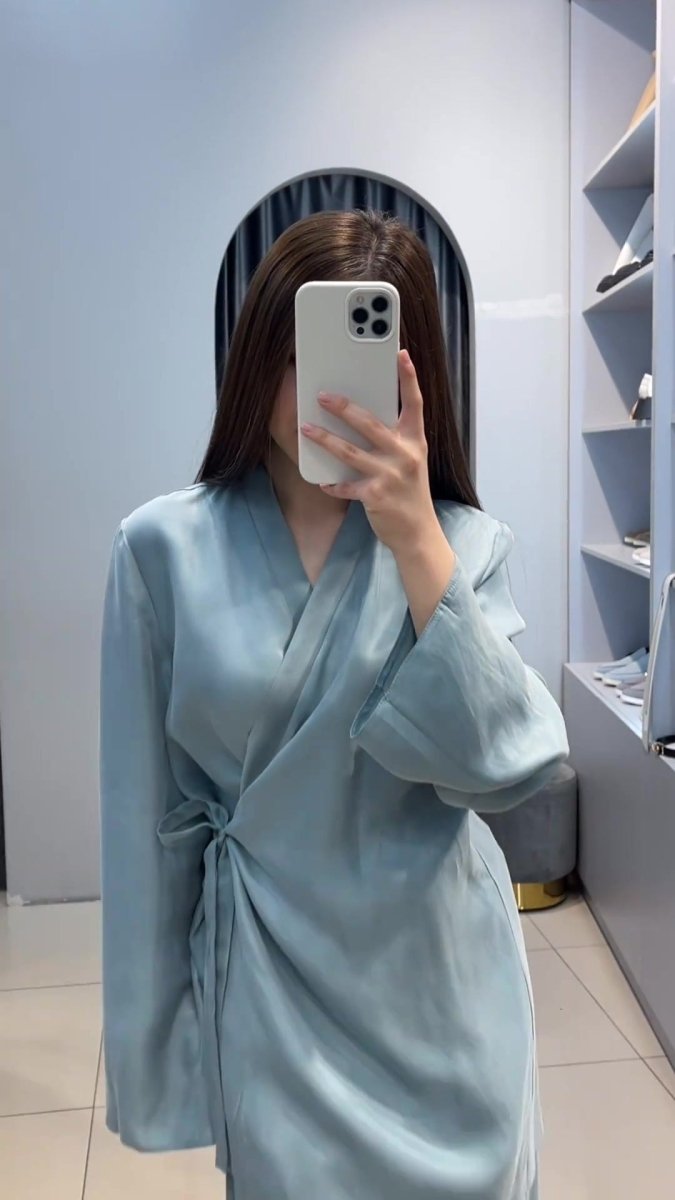 Relaxed Kimono Sleeve Sky Blue Glazed Forged Waist Pajama-Style Abaya Dress Set(MA209)