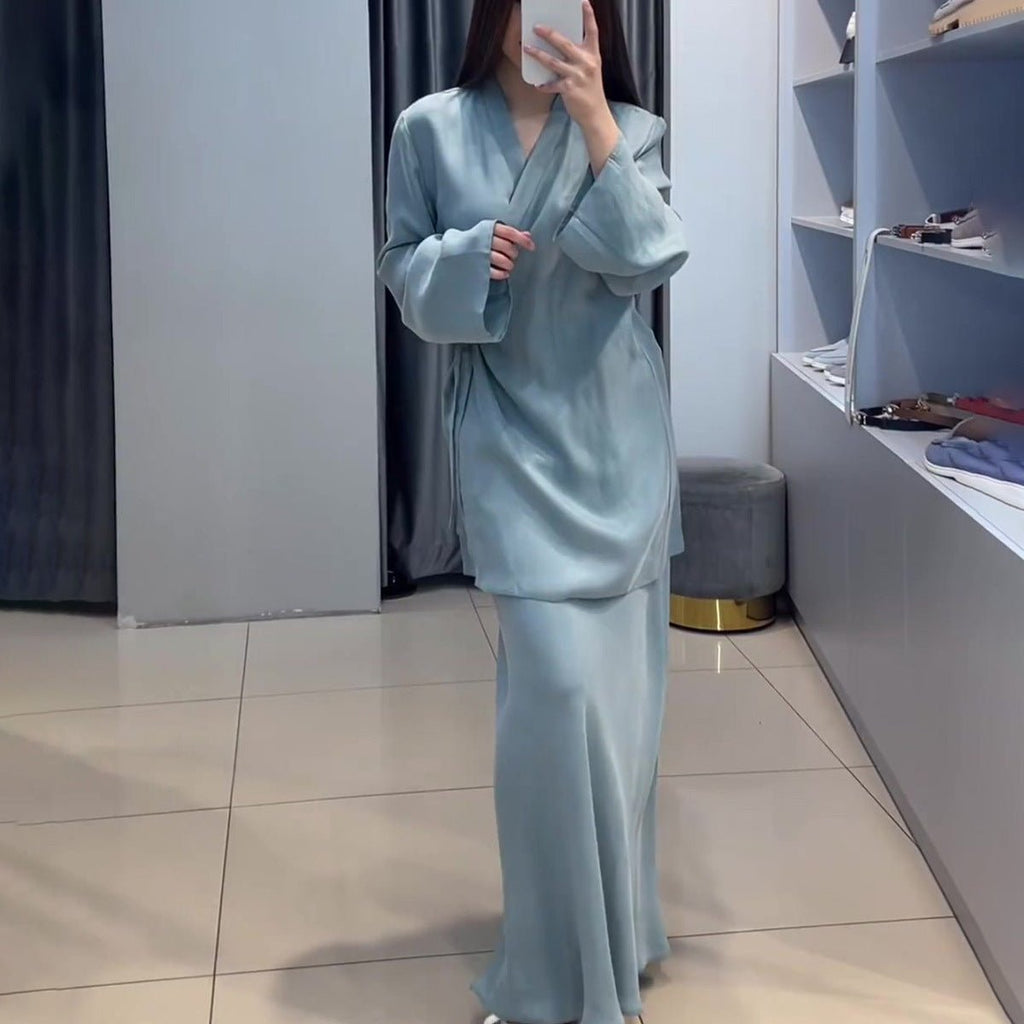 Relaxed Kimono Sleeve Sky Blue Glazed Forged Waist Pajama-Style Abaya Dress Set(MA209)