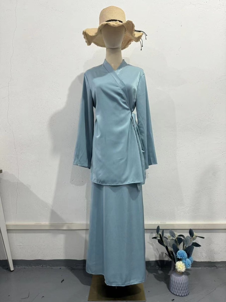 Relaxed Kimono Sleeve Sky Blue Glazed Forged Waist Pajama-Style Abaya Dress Set(MA209)