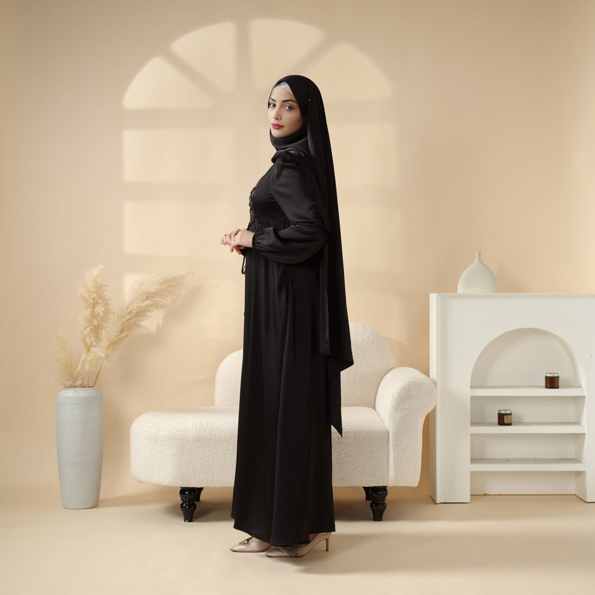 Removable Cross-Front Straps Design Premium Satin Dress Abaya (MA133)