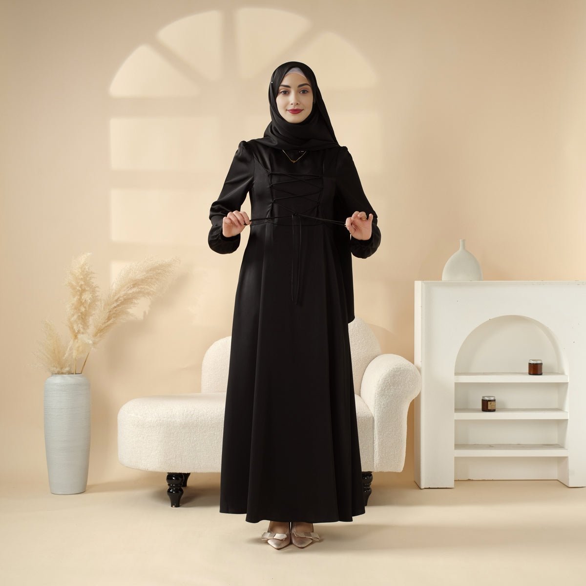 Removable Cross-Front Straps Design Premium Satin Dress Abaya (MA133)