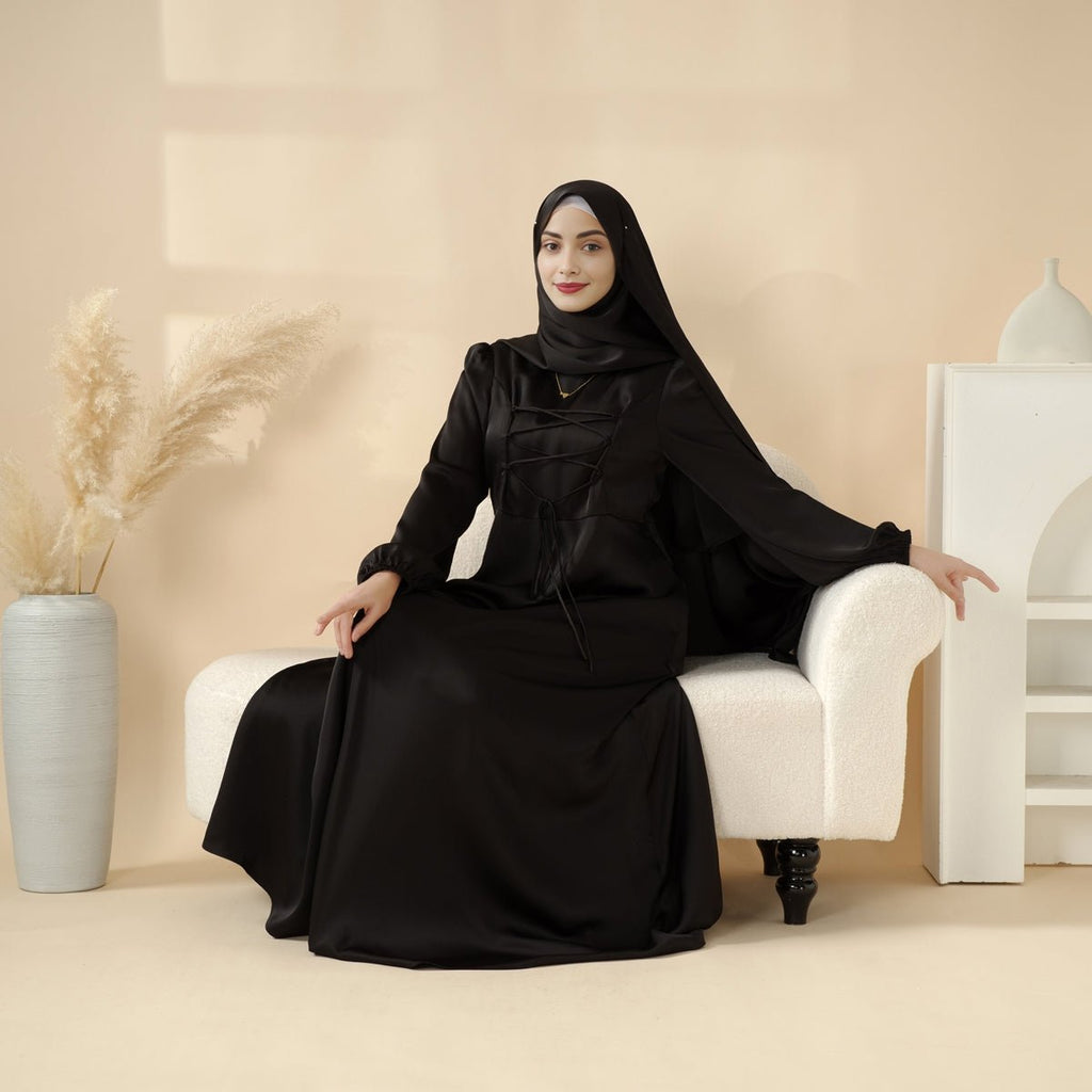 Removable Cross-Front Straps Design Premium Satin Dress Abaya (MA133)