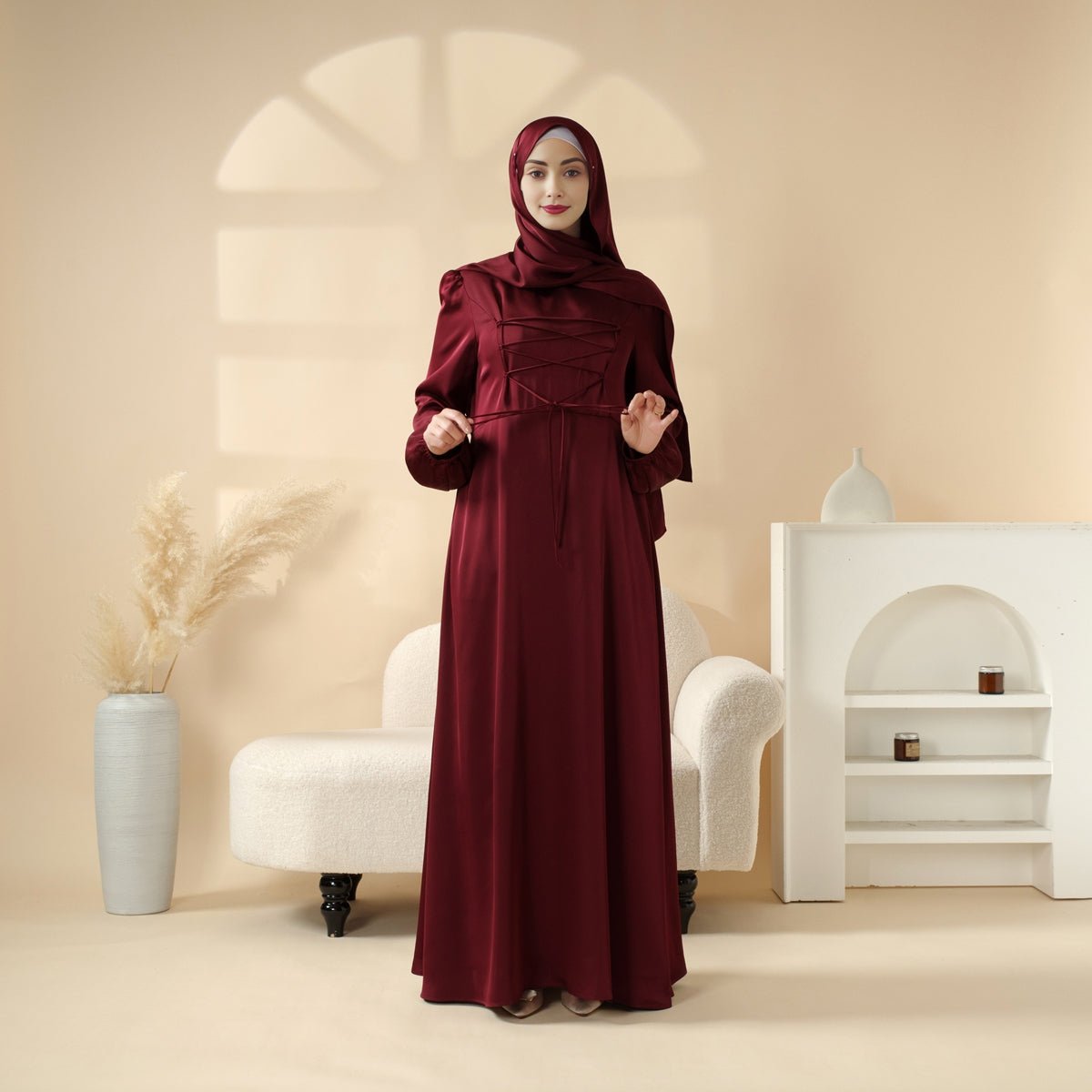 Removable Cross-Front Straps Design Premium Satin Dress Abaya (MA133)