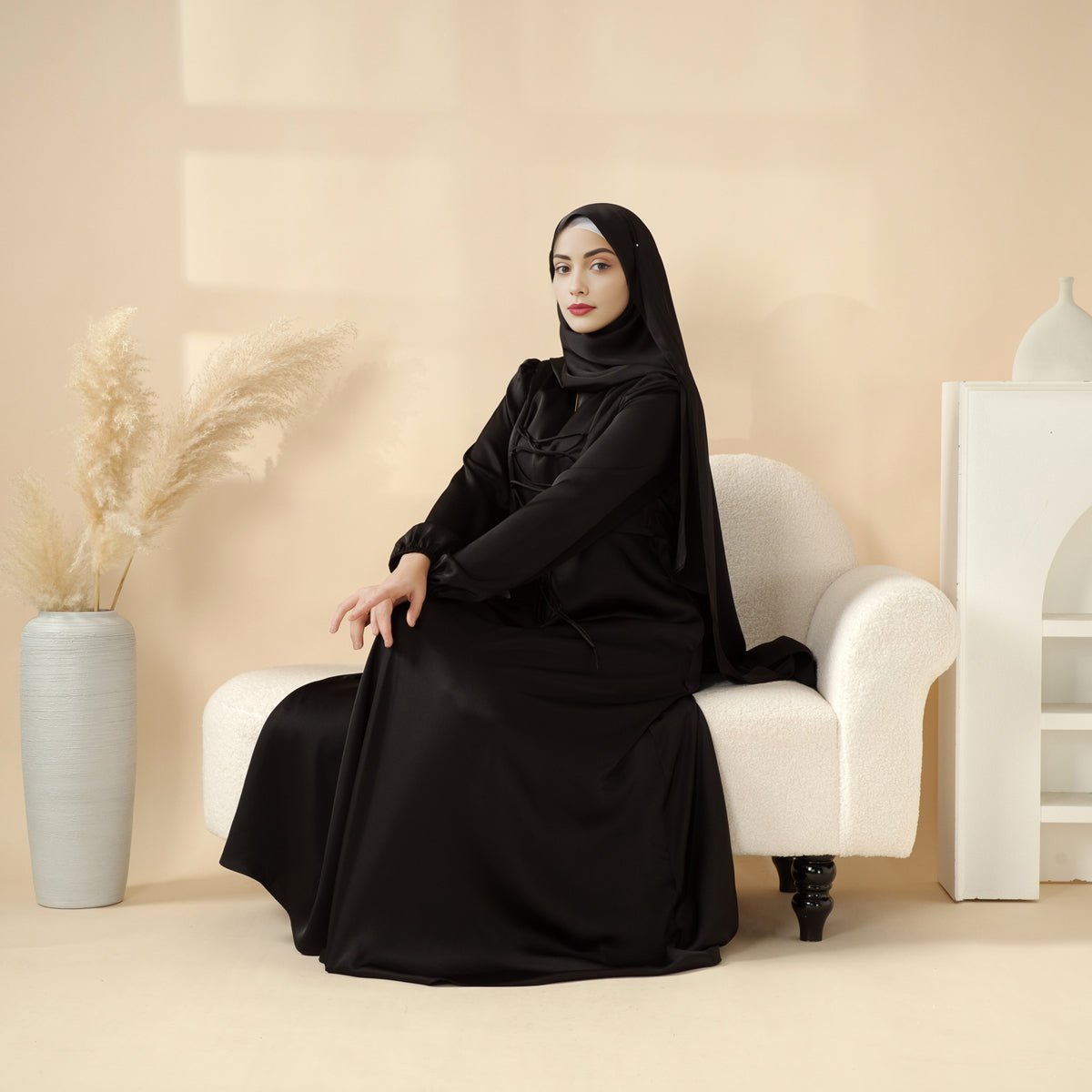 Removable Cross-Front Straps Design Premium Satin Dress Abaya (MA133)